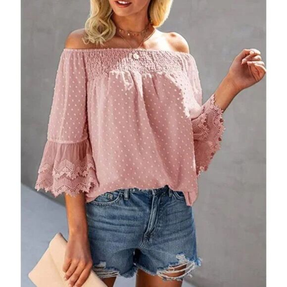 Blush Pink Off Shoulder 3/4 Bell Sleeve Ruffle Polka Dot Blouse Top - Picture 2 of 6